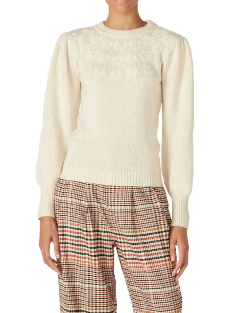 Louna Cream Floral Knit Puff-Sleeve Sweater